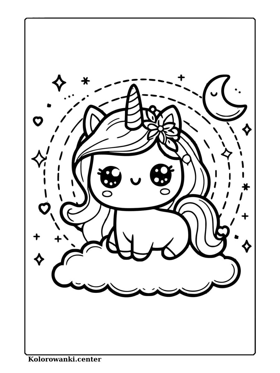 Kolorowanka unicorn rysunek kawaii z jednorożcem na chmurce w nocy